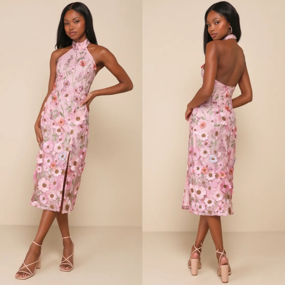 Lulu's Pink Floral Halter Midi Dress